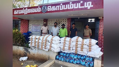 418 கிலோ புகையிலை பொருட்கள் காரில் கடத்தல்- வடமாநிலத்தவர்கள் உள்பட 3 பேர் கைது.