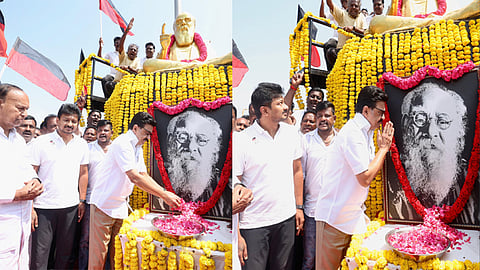 பெரியார் சிலைக்கு மு.க.ஸ்டாலின், உதயநிதி ஸ்டாலின் மரியாதை
