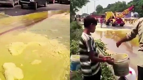 சாலையில் கவிழ்ந்த டேங்கர் லாரி: போட்டி போட்டு பாத்திரங்களில் நெய்யை பிடித்து சென்ற மக்கள்