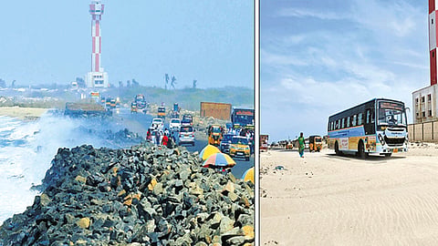 தனுஷ்கோடியில் பலத்த சூறாவளி காற்று: சாலையை மூடிய மணல்