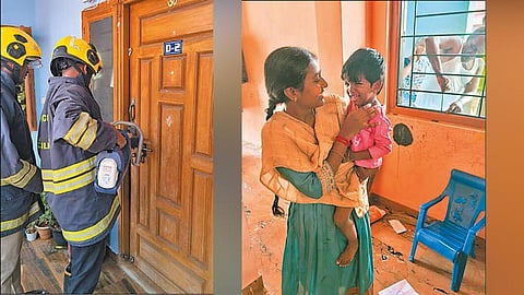 கதவை திறக்க முடியாமல் வீட்டுக்குள் சிக்கி தவித்த 2 வயது குழந்தை: தீயணைப்பு வீரர்கள் மீட்பு.