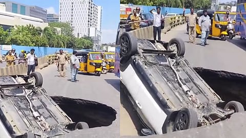 திருவான்மியூர் சாலையில் ஏற்பட்ட திடீர் பள்ளம் - தலைக்குப்புற கவிழ்ந்த கார்