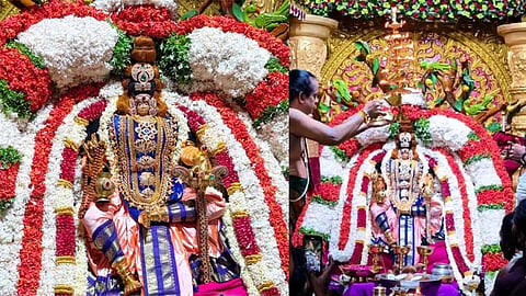 குலசை தசரா திருவிழா: விசுவகர்மேஸ்வரர் திருக்கோலத்தில் முத்தாரம்மன் வீதி உலா