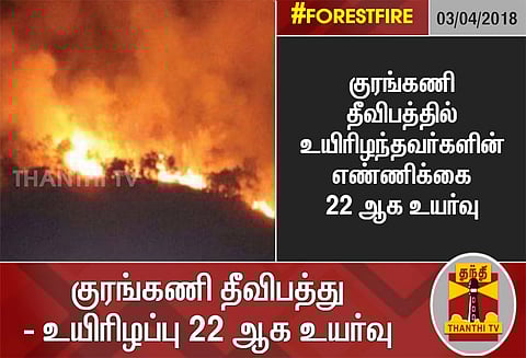குரங்கணி தீ விபத்து: பலியானோர் எண்ணிக்கை 22 ஆக உயர்வு