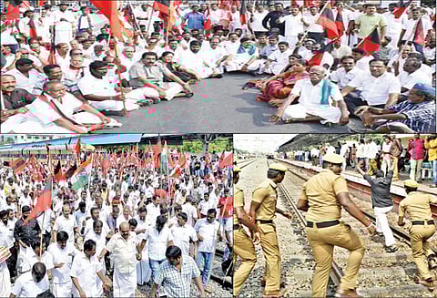 திருப்பூர் மாவட்டத்தில் மறியல் போராட்டத்தில் ஈடுபட்ட 2 எம்.எல்.ஏ.க்கள் உள்பட 2,611 பேர் கைது