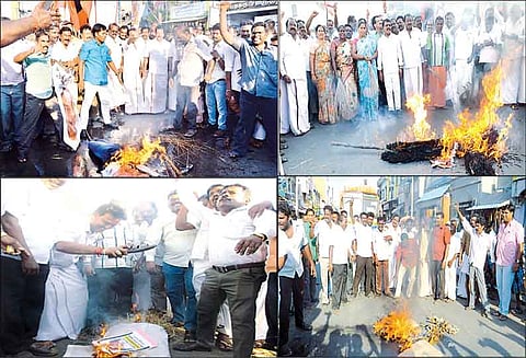 எச்.ராஜாவின் உருவபொம்மையை எரித்து தி.மு.க.வினர் போராட்டம்