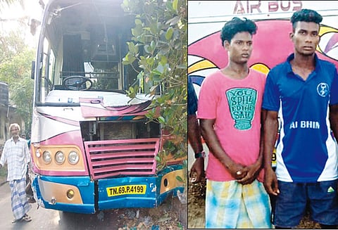 திருபுவனை அருகே நள்ளிரவில் பரபரப்பு: வாலிபர்கள் பஸ்சை கடத்தி தாறுமாறாக ஓட்டினர்