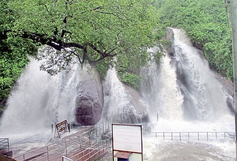 குற்றாலம் அருவிகளில் வெள்ளப்பெருக்கு சுற்றுலா பயணிகள் குளிக்க 2–வது நாளாக தடை
