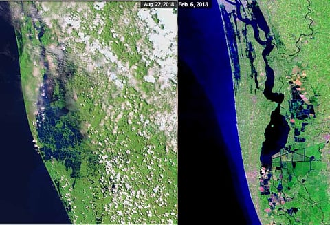 நாசா வெளியிட்ட கேரள வரலாறு கணாத வெள்ளத்தின் முன்-பின் சேட்டிலைட் படங்கள்