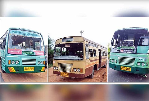 பண்ருட்டியில் பரபரப்பு: 7 பஸ்களின் கண்ணாடி உடைப்பு - மோட்டார் சைக்கிளில் வந்த மர்மநபர்களுக்கு போலீஸ் வலைவீச்சு