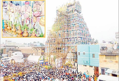 திருவானைக்காவல் ஜம்புகேஸ்வரர் அகிலாண்டேஸ்வரி கோவிலில் ராஜகோபுரம் உள்ளிட்ட 9 கோபுரங்களுக்கு கும்பாபிஷேகம்