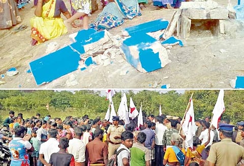 ஆண்டிப்பட்டி அருகே மலையில் இருந்த சிலுவையை சேதப்படுத்திய மர்ம நபர்கள் - கிராம மக்கள் சாலை மறியல்