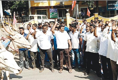 ஆற்றில் மணல் எடுக்க அனுமதி வழங்கக்கோரி துணை கலெக்டர் அலுவலகத்தை மாட்டு வண்டி தொழிலாளர்கள் முற்றுகை