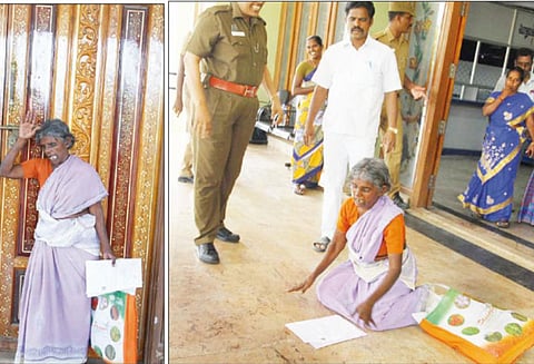 மனுகொடுக்க வந்த மூதாட்டியை உள்ளே விட மறுத்த போலீசார்