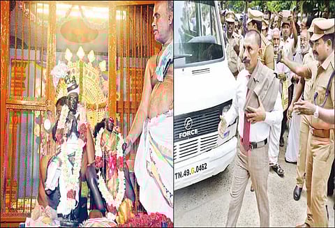 குஜராத்தில் இருந்து மீட்கப்பட்ட ராஜராஜ சோழன், லோகமாதேவி சிலைகள் தஞ்சை பெரிய கோவிலுக்கு கொண்டு வரப்பட்டன