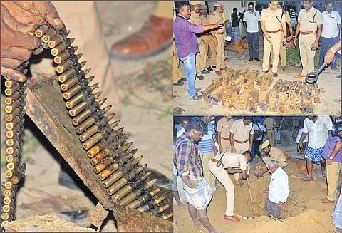 ராமேசுவரம் அருகே கழிவுநீர் தொட்டிக்கு தோண்டிய போது கடற்கரையில் புதைத்த ஆயுத குவியல் சிக்கியது