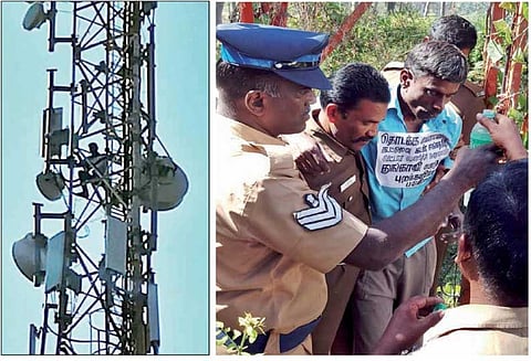 துங்காவி பகுதியில் அடிப்படை வசதிகள் செய்யப்படாததை கண்டித்து செல்போன் கோபுரத்தில் ஏறி நின்று சமூக ஆர்வலர் போராட்டம்