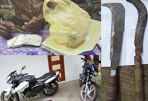 கண்ணமங்கலம் அருகே செம்மரம் வெட்ட செல்ல திட்டம் தீட்டிய 5 பேர் கைது ரூ.3½ லட்சம், 2 அரிவாள் பறிமுதல்