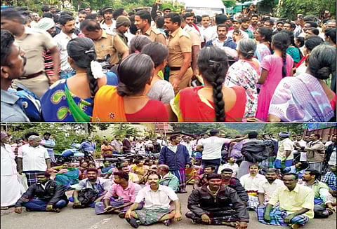 லோயர்கேம்ப்-குமுளி மலைப்பாதையில் மறியல்: போலீஸ் இன்ஸ்பெக்டரை சாக்கடை கால்வாயில் தள்ளிவிட்டதால் பரபரப்பு