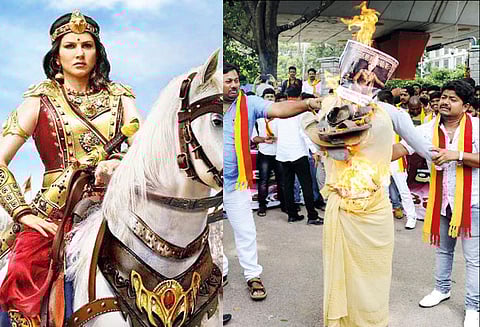 ‘வீரமகாதேவி’ படத்தில் நடிக்கும் நடிகை சன்னி லியோனை கண்டித்து கன்னட அமைப்பினர் ஆர்ப்பாட்டம்