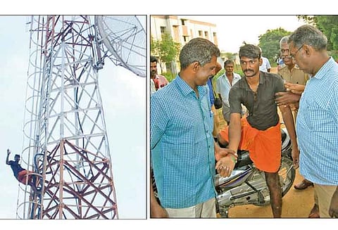 போலீஸ் ஒயர்லெஸ் கோபுரத்தில் ஏறி தொழிலாளி தற்கொலை மிரட்டல் ; 8-ம் வகுப்பு புதிய சான்று வழங்க கோரிக்கை