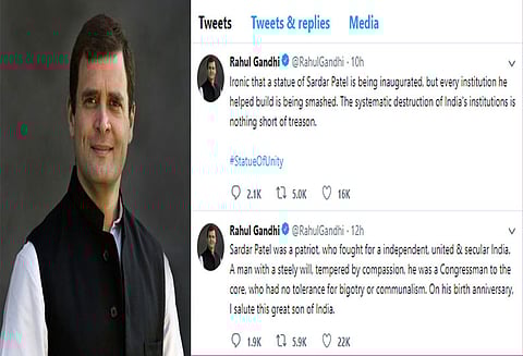 படேல் உதவியால் ஏற்படுத்தப்பட்ட ‘இந்திய நிறுவனங்களை அழிப்பது தேசத்துரோகம்’ - டுவிட்டரில் ராகுல் காந்தி