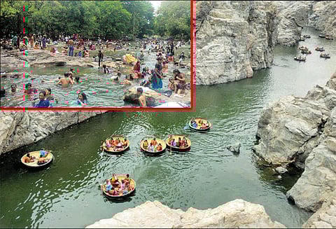 கோடை விடுமுறையையொட்டி ஒகேனக்கல்லில் குவிந்த சுற்றுலா பயணிகள்