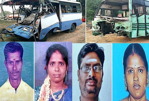 திண்டிவனம் அருகே கோர விபத்து பஸ்-வேன் மோதல்: உடல்நசுங்கி 2 தம்பதி பலி துக்கநிகழ்ச்சிக்கு சென்றுவிட்டு திரும்பிய போது பரிதாபம்