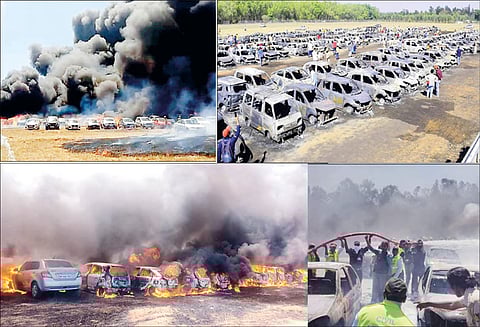 பெங்களூருவில் விமான கண்காட்சி நடைபெற்று வரும் விமானப்படை தளத்தில் பயங்கர தீவிபத்து 300 கார்கள் எரிந்து நாசம்