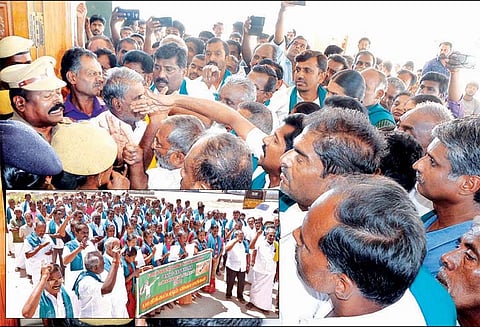 பெட்ரோலிய குழாய் பதிப்பு திட்ட முதல் கட்ட பணியை நிறுத்த வேண்டும் - திருப்பூர் கலெக்டர் அலுவலகத்தில் விவசாயிகள் குடும்பத்துடன் தர்ணா