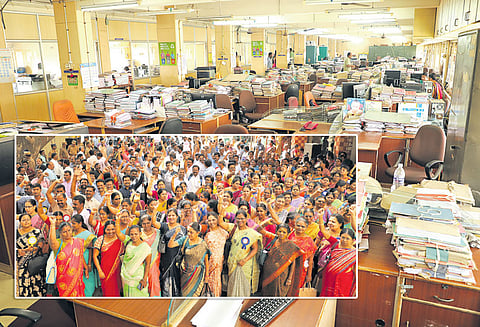 ஆசிரியர்கள் வராததால் மாணவர்களே படித்தனர்: அரசு ஊழியர்கள் வேலைநிறுத்தம் தொடங்கியது; பணிகள் பாதிப்பு இன்று முதல் மறியலில் ஈடுபட முடிவு