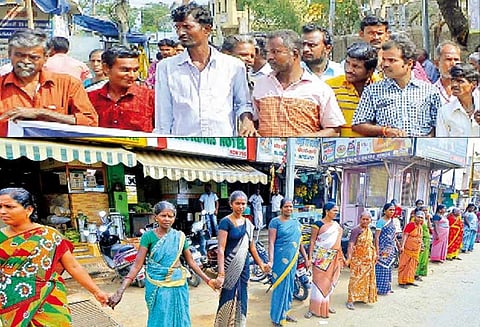 பட்டாசு ஆலைகளை திறக்கக்கோரி சிவகாசியில் கொளுத்தும் வெயிலில் நடந்த மனித சங்கிலி