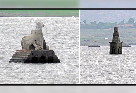 மேட்டூர் அணை நீர்மட்டம் குறைந்ததால் நந்தி சிலை, கிறிஸ்தவ கோபுரத்தின் பெரும்பகுதி வெளியே தெரிகிறது