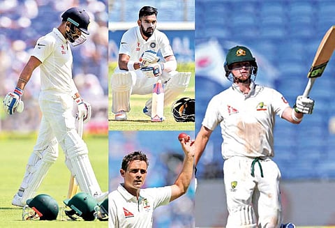 முதலாவது டெஸ்ட் கிரிக்கெட்: ஆஸ்திரேலியாவின் சுழலில் சிக்கி சிதைந்தது இந்தியா 105 ரன்களுக்கு ஆல்–அவுட்