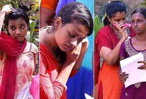 செயின், கம்மல், கிளிப்பை கழற்றி தலைவிரி கோலமாக தேர்வெழுதிய மாணவிகள்