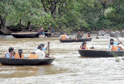 நீர்வரத்து வினாடிக்கு 5,500 கனஅடியாக குறைந்தது: ஒகேனக்கல் காவிரி ஆற்றில் மீண்டும் பரிசல்கள் இயக்கம்