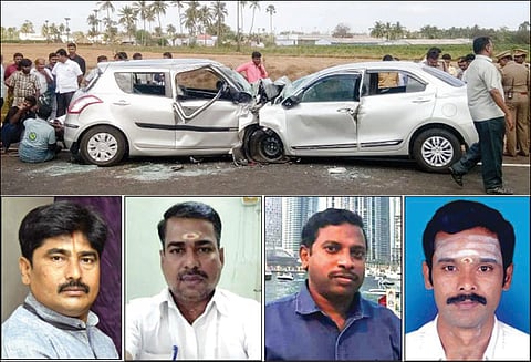 கார்கள் நேருக்குநேர் மோதல்: போலீஸ் ஏட்டு-3 அய்யப்ப பக்தர்கள் பலி 2 பேர் படுகாயம்