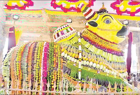தஞ்சை பெரியகோவிலில் நந்திபெருமானுக்கு 1 டன் காய்-கனி, மலர்களால் அலங்காரம் 108 பசுக்களுக்கு பூஜை