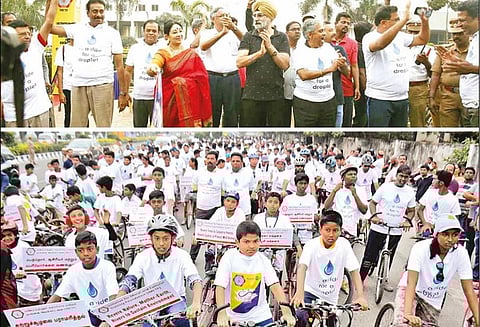 இந்து ஆன்மிக கண்காட்சியையொட்டி நீர் வளத்தை பாதுகாக்க வலியுறுத்தி சைக்கிள் பேரணி