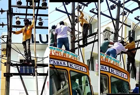 செல்போன் கோபுரம், மின்கம்பத்தில் ஏறி தற்கொலை மிரட்டல் விடுத்த வாலிபர்