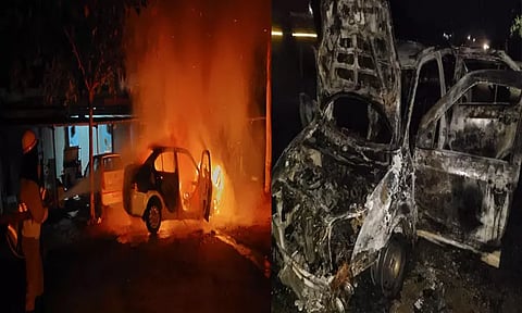 சாலை ஓரம் நின்று கொண்டிருந்த கார் திடீரென தீப்பற்றி எரிந்ததால் பரபரப்பு
