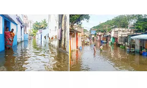 பலத்த மழையால் குடியிருப்புகளை வெள்ளம் சூழ்ந்தது