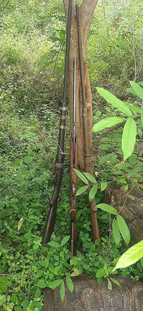 முட்புதரில் கிடந்த 3 நாட்டுத்துப்பாக்கிகள் மீட்பு