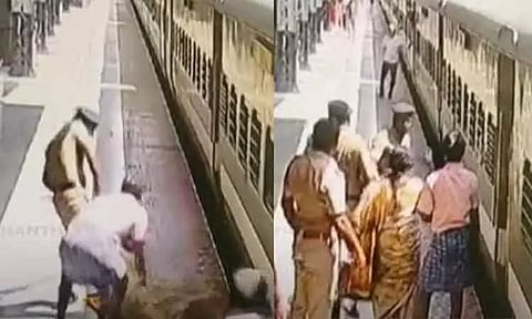 ஓடும் ரெயிலில் ஏற முயன்று தவறி விழுந்த பெண் - விரைந்து செயல்பட்டு காப்பாற்றிய காவலர்