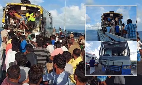 பாம்பன் பாலத்தில் பஸ்கள் நேருக்கு நேர் மோதி விபத்து: 8 பேர் படுகாயம் - நூலிழையில் பயணிகள் உயிர் தப்பினர்...!