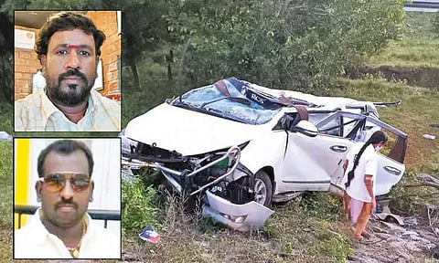 சாலையோர தடுப்பை உடைத்துக் கொண்டு பாய்ந்தது: கார் கவிழ்ந்து சகோதரர்கள் உள்பட 3 பேர் பலி