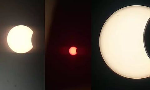 வானில் தோன்றிய அரிய நிகழ்வு; பல்வேறு நகரங்களில் சூரிய கிரகணத்தை கண்டுகளித்த மக்கள்- புகைபடங்கள்