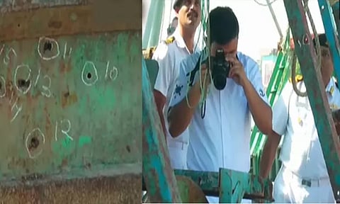 நாகையில் குண்டு துளைக்கப்பட்ட விசைப்படகில் இந்திய கடற்படை கமாண்டர் ஆய்வு