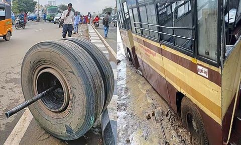 ஊரப்பாக்கத்தில் சாலையில் சென்ற பஸ்சின் டயர் கழன்று ஓடியதால் பரபரப்பு
