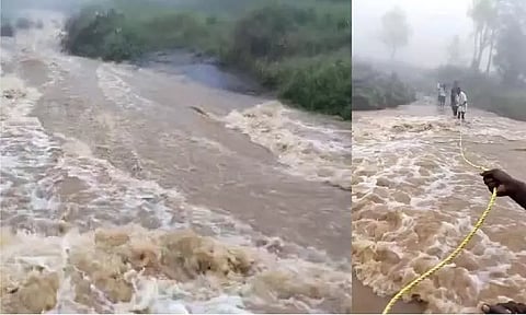 கொடைக்கானலில் கரைபுரண்டு ஓடும் காட்டாற்று வெள்ளத்தை கயிறு கட்டி கடந்த மக்கள்...!